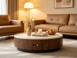 Modern <b>Round</b> Coffee <b>Table</b> Set Wood and Glass Top Minimalist Design Living Room Furniture with Storage <b>White</b> Black Finish - Product Image 4