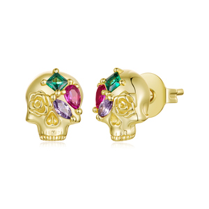 Boucles d'oreilles en forme de crâne doré avec cristaux colorés, style punk, pour fête, bijoux unisexes - Product Image 1
