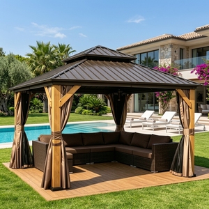 Structure de gazebo en bois de cèdre résistant aux intempéries avec poutres robustes, auvent extérieur avec toit en acier et rideaux - Product Image 1