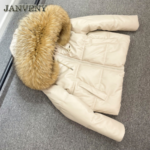 Jaket Kulit Imitasi Berkerudung Bulu Rakun Asli JANVENY Musim Dingin Wanita, Parka Tebal Tahan Air Berlapis Kapas Mengkilap, Mantel Kulit Imitasi - Product Image 5