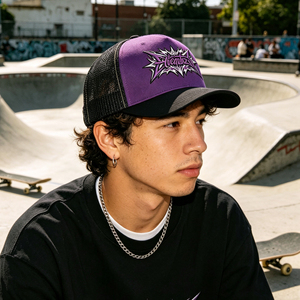 <b>Purple</b> Black Mesh Trucker Cap with Graffiti Embroidery Adjustable Snapback Breathable Sun <b>Hat</b> for Outdoor & Daily Wear - Product Image 6