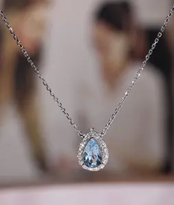 Luxury 18K Real White Natural Aquamarine Stone Necklace Pear Pendants for Necklace Aquamarine Jewelry