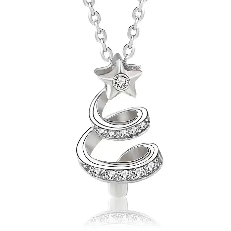 Christmas Tree 925 Sterling Silver Rhodium Plated Cubic Zircon Pendant For Necklace