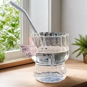 Copo de Suco Moderno Infantil de Vidro Borossilicato Listrado com Borboleta Fofa, Resistente ao Calor, com Canudo, para Uso Doméstico - Product Image 2