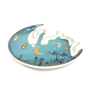 White &amp; Teal Moon &amp; Mosque Shaped Ceramic Serving Plate Porcelain Serving <strong>Iftar</strong> Refreshments <strong>Dishes</strong> Ramadan Half Moon Plates - Product Image 4