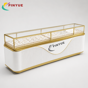 Vitrine de présentation de bijoux en verre chêne clair avec panneau en <span class=keywords><strong>bois</strong></span> à lattes, éclairage LED et moulures étagées, présentoir de comptoir pour boutique - Product Image 3