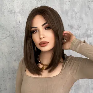 Perruque Lace Wig lisse brune pour femmes, perruque Bob Lace Front Wig, perruques synthétiques courtes pour filles avec dentelle transparente 14 pouces