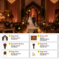 Décoration de salle de bal d'hôtel de luxe pour mariage, pack complet noir et or, arche, lustre en cristal, chemin de table en velours, OEM, solution complète