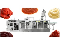 Machine d'emballage horizontale entièrement automatique pour sachets stand-up, pour liquides et pâtes (miel, beurre de cacahuète, sauce tomate), avec remplisseur à double sortie