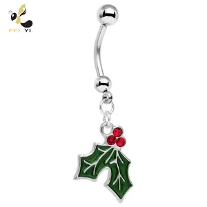 Body Candy Holiday Mistletoe Dangle Belly Ring Created with Crystal