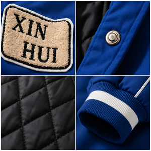Men's Embroidered Patchwork Windproof Varsity Bomber Jacket Cotton Bamboo <b>Quilted</b> Lined Baseball Chenille Patch Zipper Closure - Product Image 5