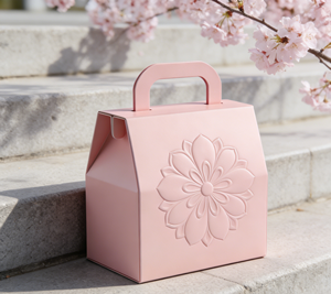 <b>Pink</b> embossed cardboard <b>gift</b> <b>box</b> with handle, featuring integrated handle design -Vietnam FSC Certified Luxury Packaging Factory - Product Image 2