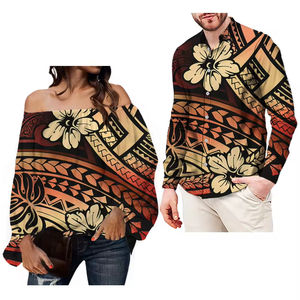 Chemise en mousseline décontractée pour <span class=keywords><strong>femme</strong></span>, design tribal polynésien, motif floral hawaïen, col sans col, épaules dénudées, pour couple - Product Image 1