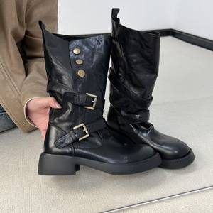Version en cuir de vache ~ Bottes en cuir véritable pour femmes, nouvelles arrivées automne-hiver 2025, boucle de ceinture, bout rond, mi-mollet, bottes d'équitation - Product Image 3