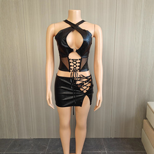Conjunto de Falda de Dos Piezas de Piel Sintética para Mujer, Estilo Otoñ<span class=keywords><strong>al</strong></span>, sin Mangas, con Aberturas, Falda Mini Asimétrica, Conjunto de Dos Piezas para Mujer - Product Image 5