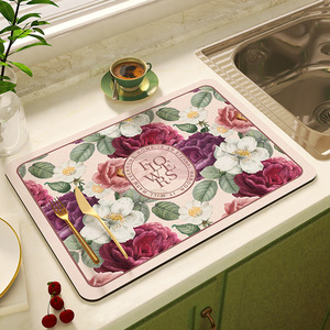 Elegante y fresco tapete floral para escurrir platos, de tierra de diatomeas, adecuado para escurrir vajilla, cuencos y palillos; sin químicos. - Product Image 1