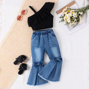 Abbigliamento Estivo per Bambine, Stile Europeo e Americano, Top con Spalle Scoperte e Pantaloni in Denim con Fiocco - Product Image 3