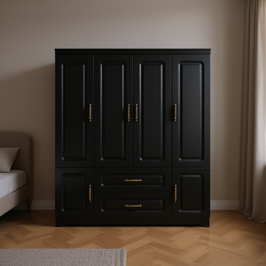 Modern Black <b>Wardrobe</b> <b>4</b> <b>Doors</b> 2 Drawers Gold Handles Raised Panel Bedroom Storage Furniture MDF Wood Freestanding - Product Image 2