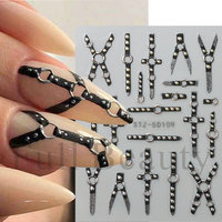 Qianya Nouveaux autocollants pour ongles punk gothiques en relief 5D-Conceptions de croix cloutées en 3D avec support auto-adhésif, breloques pour ongles en métal foncé