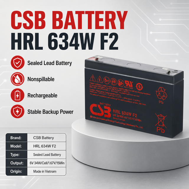 CSB HRL634 6V 9Ah High Rate Long Life SLA Battery, 1.32kg, 151x34x94mm, Rechargeable VRLA for UPS