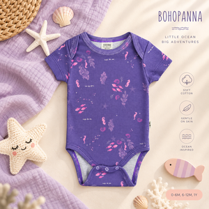 Combinaison bébé en coton confortable avec un adorable imprimé océan violet pour des tenues quotidiennes adorables pour bébés. - Product Image 1