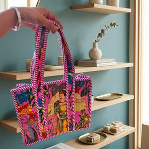 Sac fourre-tout en coton matelassé à imprimé blocs d'inspiration patrimoniale, élégant sac à bandoulière pour le voyage et le shopping, sac réutilisable pour la vie quotidienne et le travail - Product Image 2