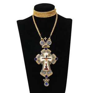Lussuoso Ciondolo Ortodosso Greco Placcato Oro in Lega, Croce Pettorale Russa in Metallo Antracite con Icona di Gesù, Collana per Sacerdote - Product Image 1