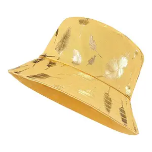 थोक फैशन सोने के स्टैम्पिंग डिजाइन व्यापक ब्रिम हाइकिंग बाल्टी टोपी, कस्टम लोगो के साथ कस्टम लोगो के साथ