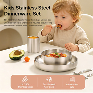 Juego de Platos, Tazones, Tazas de Café, Cucharas y Tenedores de Acero Inoxidable de Doble Pared Aislados SS304, Juego de Vajilla Irrompible para Niños - Product Image 3
