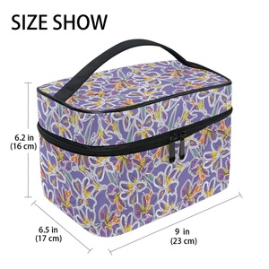 Grande capacité, trousse de voyage portable pour femmes, sac à maquillage à fermeture éclair, motif fleur de lavande violette, sac cosmétique personnalisé avec poignée - Product Image 2