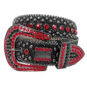 Classic Cinturones Men's Rhinestone Black Leather Luxury Belt with Red Rhinestone