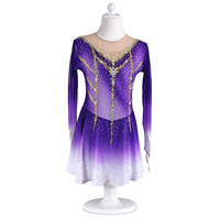 Robe de patinage et de danse pour enfants et adultes, dégradé violet et blanc, manches longues en maille, dos découpé avec strass, pour compétition et spectacle de patinage sur glace