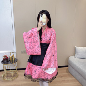 Disfraz de Cosplay de Nezuko Kamado de Demon Slayer, Vestido de Anime para Mujer, Patrón Geométrico Rosa y Negro, Conjunto Completo - Product Image 1