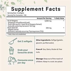 OEM Óleo de Orégano Softgels para Homens Mulheres 300 Contagem 2-em 1 com Óleo de Semente Preta 200mg Dropshipping Antioxidante Eficácia - Product Image 4