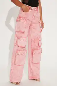 بنطلون جينز نسائي فضفاض يصلح مرتفع الخصر, بنطلون جينز متعدد الجيوب بعلامة تجارية مخصصة من صانعي القطع الأصلية ، باللون الوردي