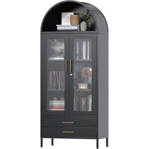 Libreria ad arco da 73 pollici moderna fattoria 2 cassetti 2 ripiani regolabili armadio da cucina porta in vetro gruppo nero