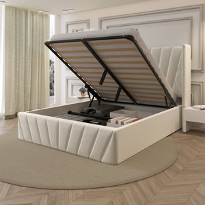 Kainice PU da cao đầu giường nền tảng cơ sở giường wingback thủy lực khí nâng gỗ đá đen Hệ thống lưu trữ khung giường - Product Image 3