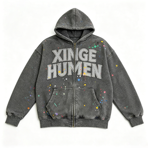 เสื้อฮู้ดดี้พิมพ์ลายกราฟฟิตีสไตล์วินเทจทรงโอเวอร์ไซส์สำหรับผู้ชาย ซิปหน้า สตรีทแวร์ ลุคซัมเมอร์ - Product Image 2
