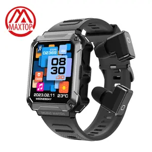 Maxtop Hot Selling IPS Screen Waterproof Full Touch Sport Watch Body Temperature Monitor 2 IN1 BT Earphone Digital Smart Watch