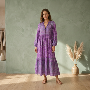 High Quality Purple Paisley Print Maxi Dress A-Line V-Neck Regular Sleeve Cotton Party <b>Dropped</b> Waist Comfortable Women's Gown - Product Image 3