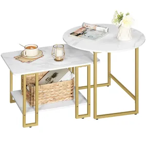 Venta al por mayor de centro redondo de oro y mesas laterales mármol oro latón madera anidamiento mesas de centro con parte superior de mármol para sala de estar de lujo