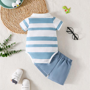 Conjunto de Ropa Casual de Verano para Bebés Niños, 2 Piezas, Chaqueta con Solapa a Rayas y Pantalones Cortos de Color Sólido - Product Image 2