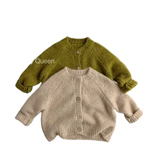 Весенне-осенний кардиган для маленьких девочек однотонный Бежевый Зеленый детский вязаный свитер корейский дизайн оптом