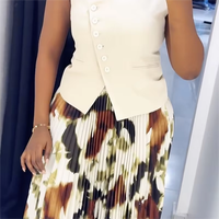 Conjunto de 2 Piezas para Mujer, Top Corto sin Mangas con Cuello en V y Botones, Falda Larga Plisada Estampada, Estilo Vintage, Tela Satén