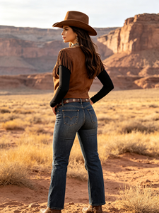 Women <b>Fringe</b> Vest V‑Neck Button Front Sleeveless Western Cowgirl <b>Waistcoat</b> - Product Image 3