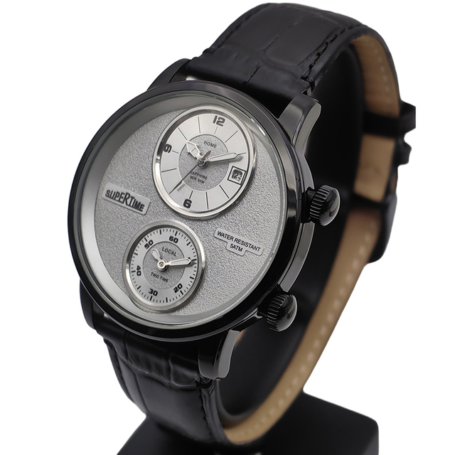 Custom LOGO 2 Timezone Men Watch Black Color with 316L Stainless Steel Case and Cow Leather Strap Water Resistant 5ATM P4560M