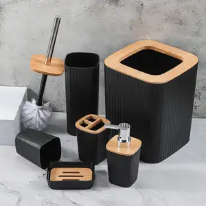 Eco -friendly Bamboo Wood Toilet Accessories Black Home Hotel Modern Bathroom Accessories Set 6 Piece