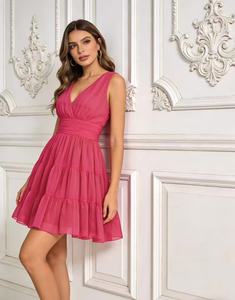 <span class=keywords><strong>Robe</strong></span> mini plissée taille haute en mousseline de soie sans manches à col en V pour femme, style décontracté français, jupe évasée à volants, motif fruit du dragon <span class=keywords><strong>blanc</strong></span>, collection 2026 - Product Image 3