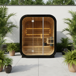 Sauna extérieur pour 4 personnes en bois massif de pruche carbonisé avec miroir et verre résistant aux hautes températures - Product Image 2