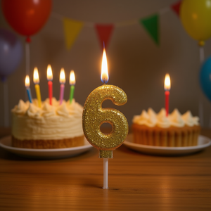 Bougie numéro 6 en paillettes dorées Party Love, 6 cm, décoration de gâteau - Product Image 1